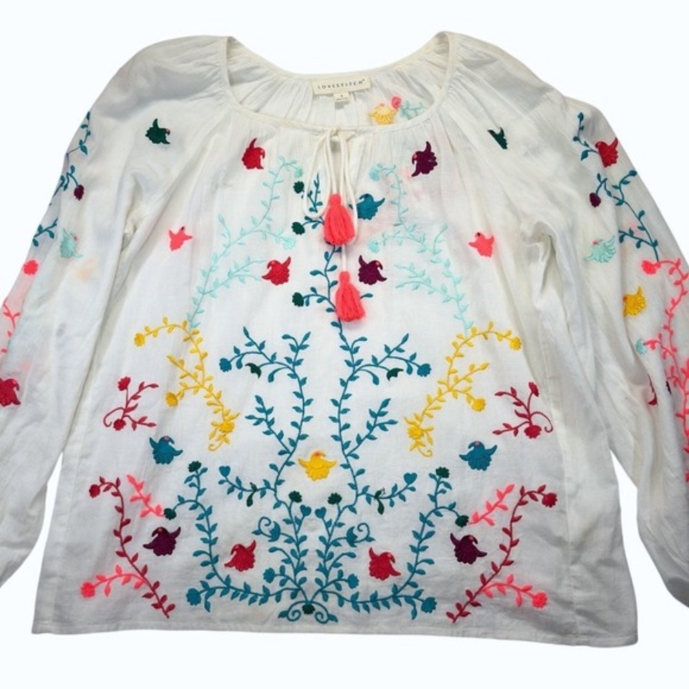 Lovestitch Womens S Embroidered Floral Peasant Blouse Tassel Tie Boho